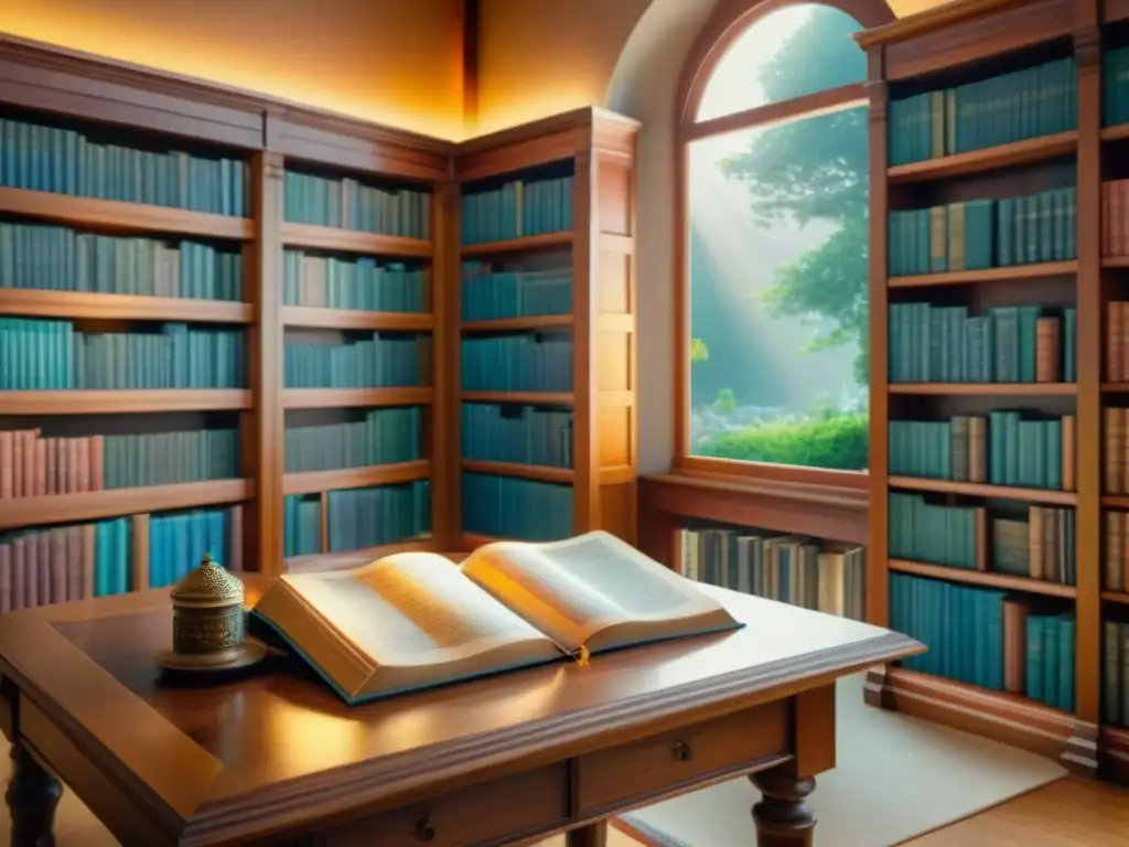 Biblioteca vibrante: exploración intelectual en acuarela Una biblioteca vibrante con libros desbordantes, mesas de madera y figuras en conversación, reflejando el préstamo lingüístico en vocabulario moderno