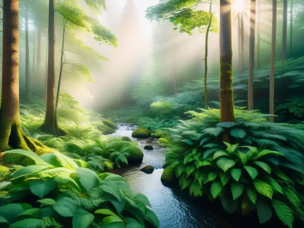 Un bosque exuberante en acuarela, con luz filtrándose entre el dosel y un arroyo serpenteante reflejando los colores vibrantes de la naturaleza