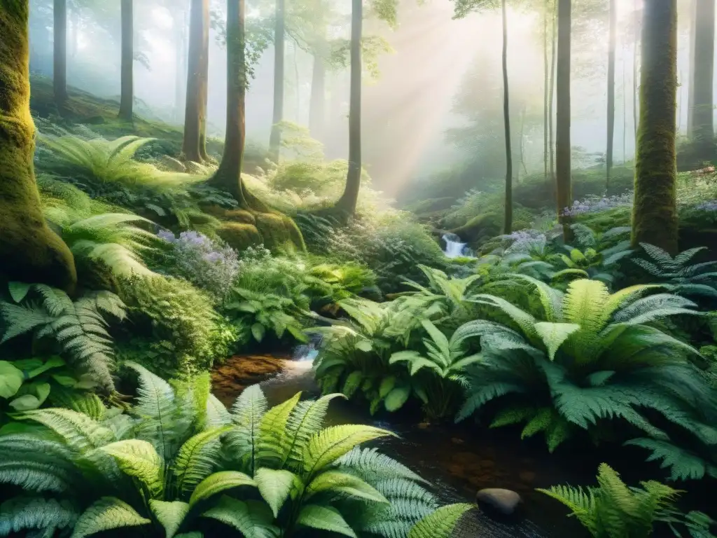 Un bosque exuberante capturado en acuarela con influencia flora terminología dialectal