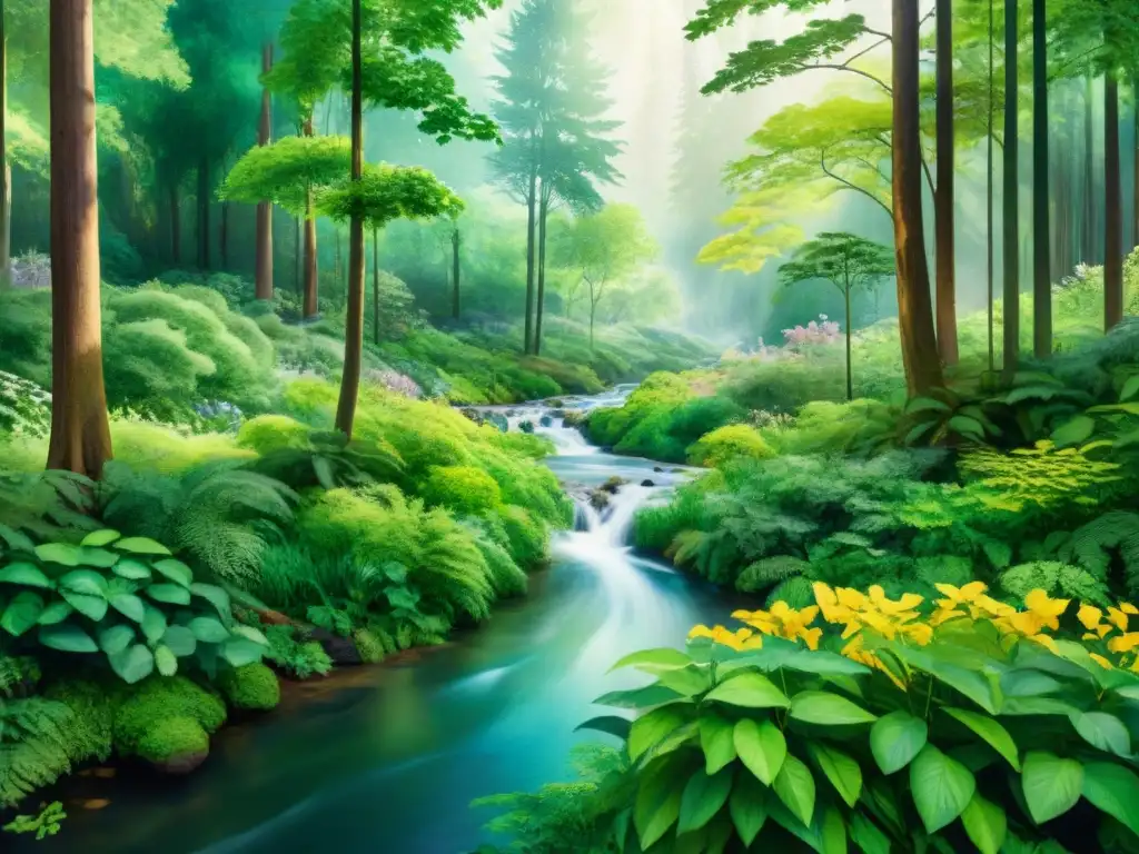 Encantador bosque verde en acuarela: flora, fauna y armonía Un bosque exuberante con diversa fauna y flora, filtrando la luz del sol entre las hojas