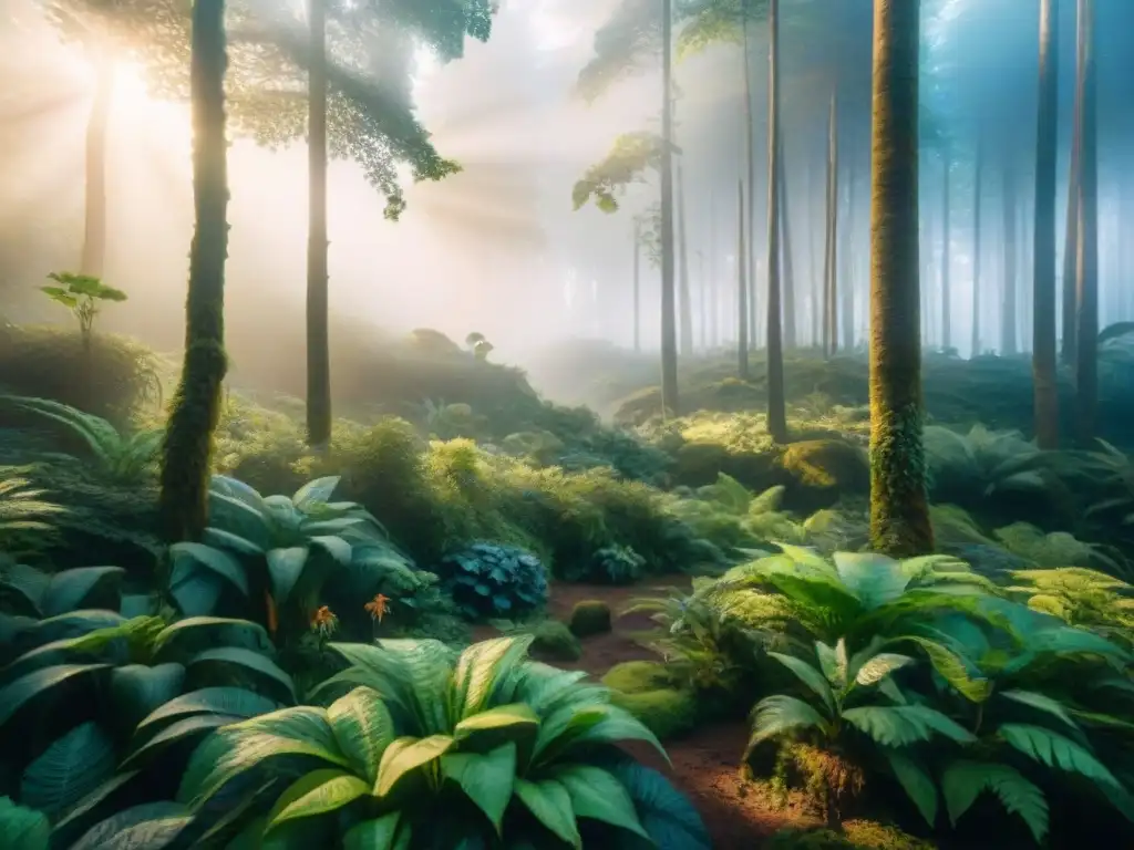 Un bosque exuberante con elementos ocultos y una luz cálida, evocando la resistencia de las lenguas indígenas y su cambio semántico