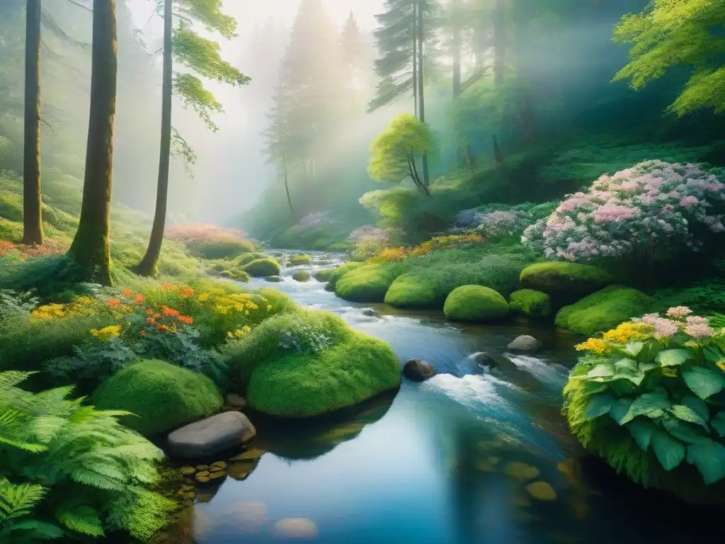 Un bosque exuberante y sereno con un arroyo cristalino reflejando la vegetación vibrante y flores coloridas