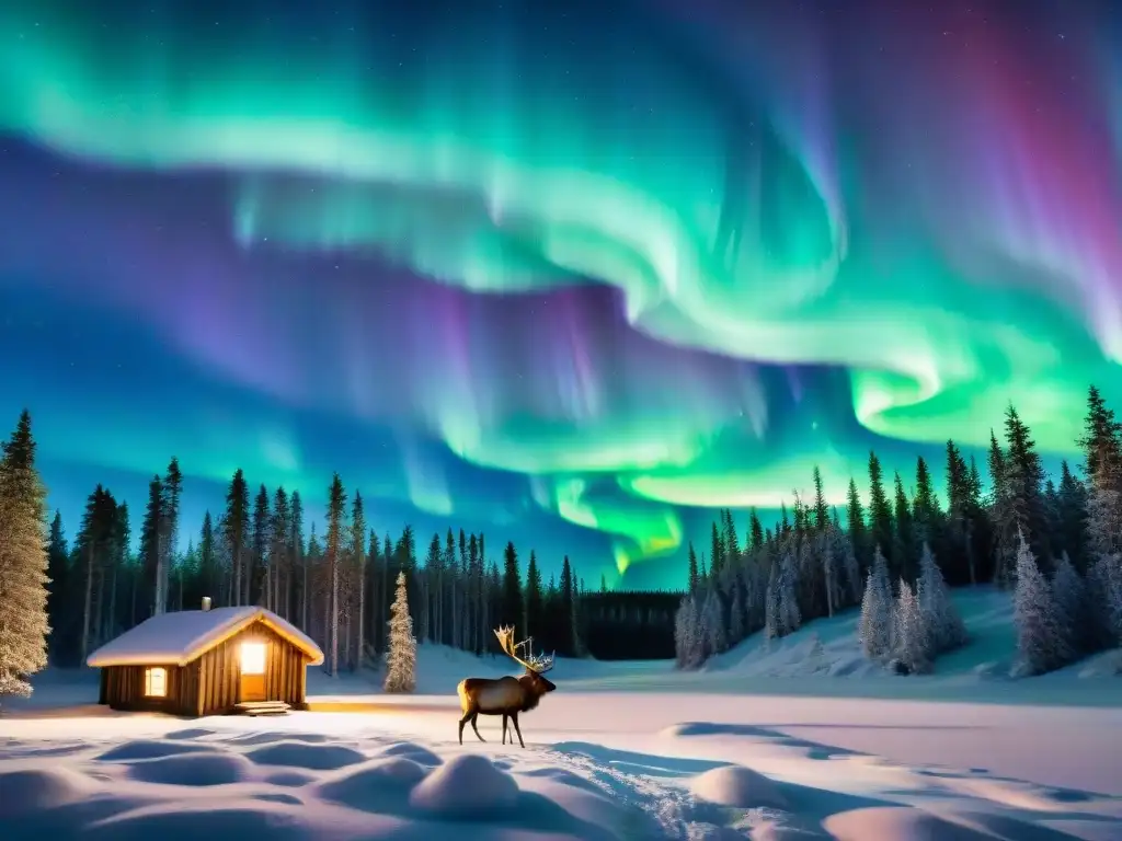 Un bosque finlandés sereno con cabaña y auroras boreales; ideal para aprender finlandés desde cero