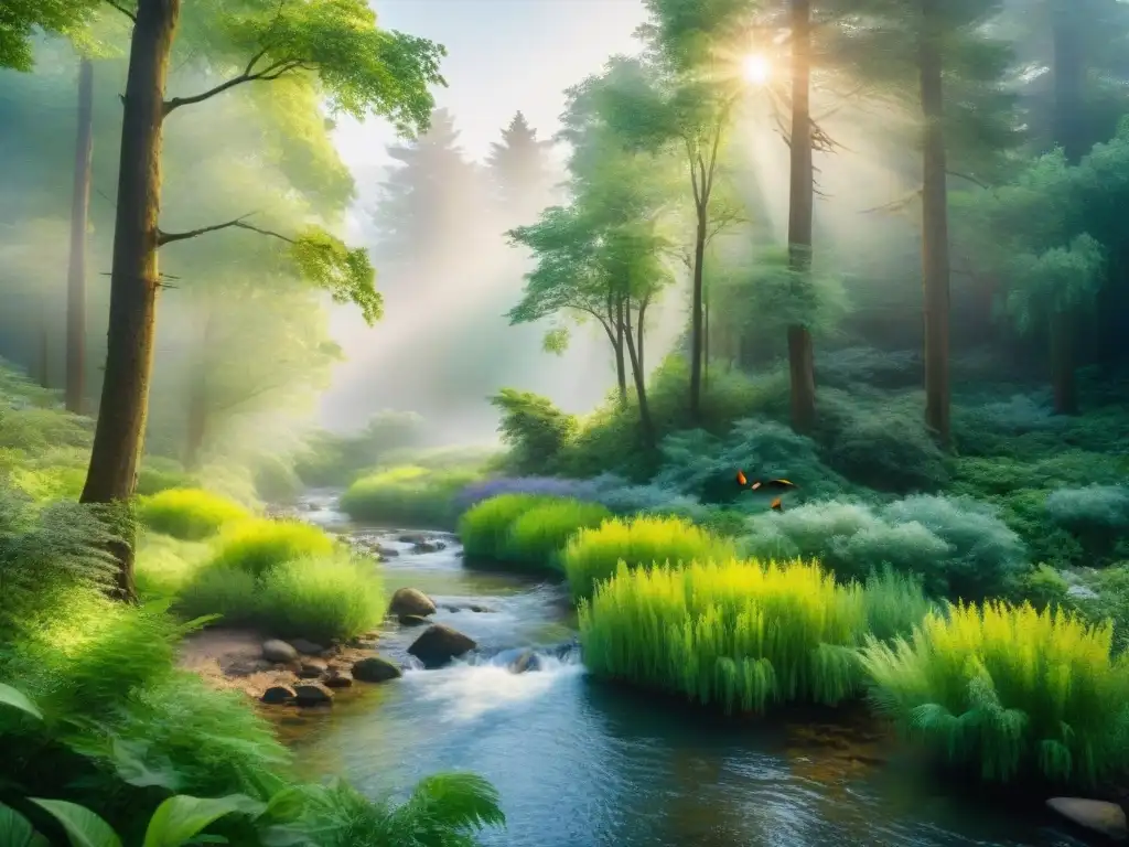 Bosque tranquilo en acuarela: árboles verdes, arroyo suave, aves coloridas