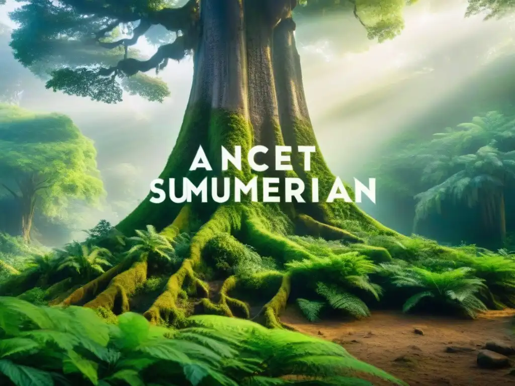 Bosque verde exuberante con inscripciones sumerias en raíces, luz dorada, atmósfera mística