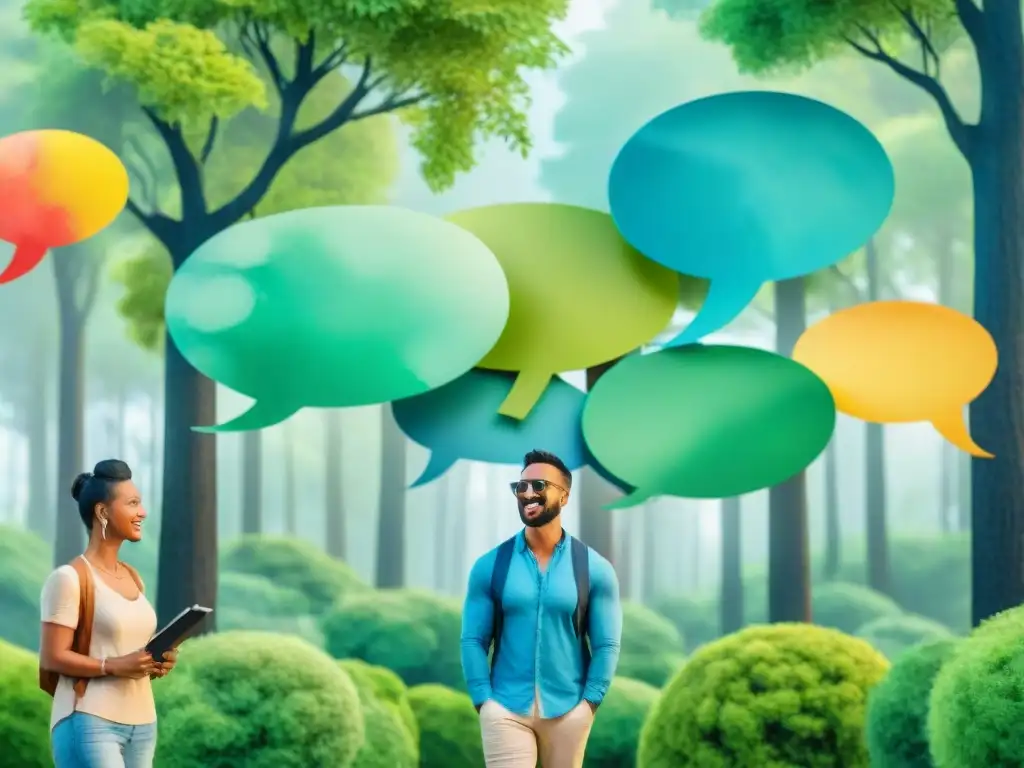 Un bosque verde exuberante con personas de todo el mundo hablando en sus idiomas nativos