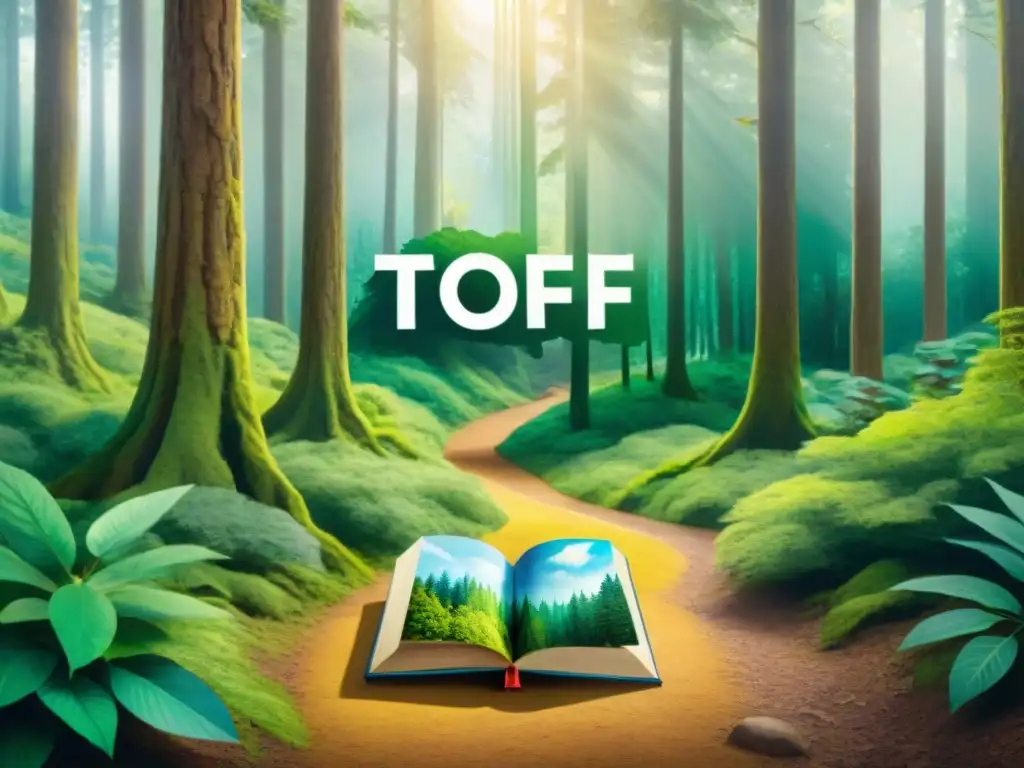 Un bosque vibrante muestra dos senderos marcados, uno con un libro 'TOEFL' y otro con un micrófono 'IELTS'