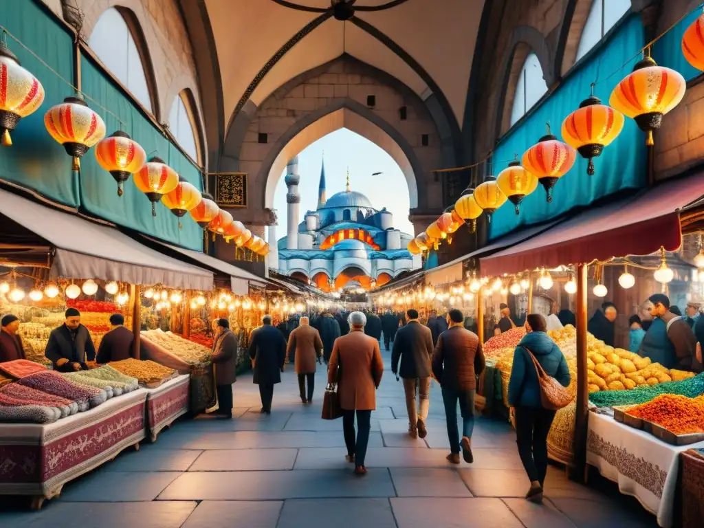 Explora el bullicioso Gran Bazar de Estambul en una serena acuarela