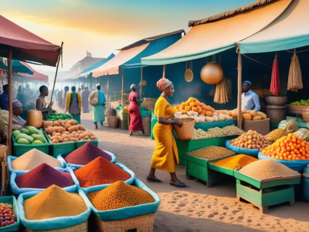 Un bullicioso mercado africano con diversidad étnica y lingüística bajo el sol