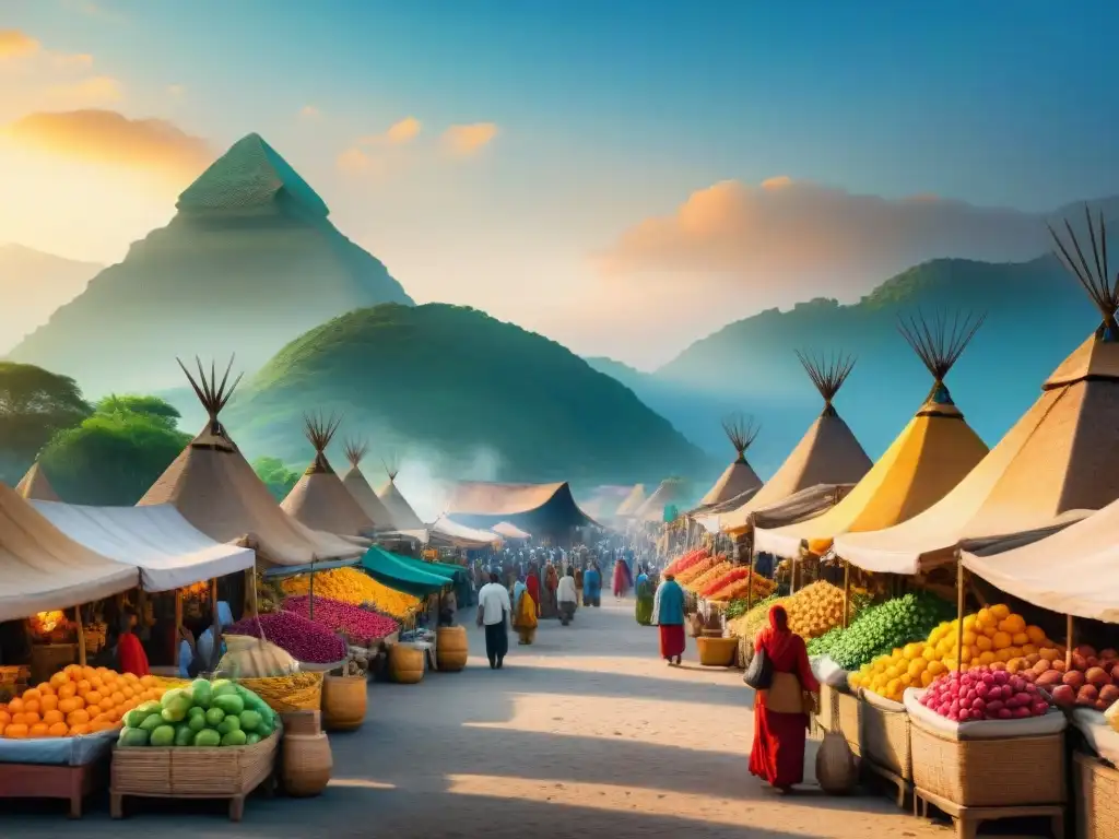 Un bullicioso mercado en una antigua ruta comercial, con intercambios culturales y lingüísticos