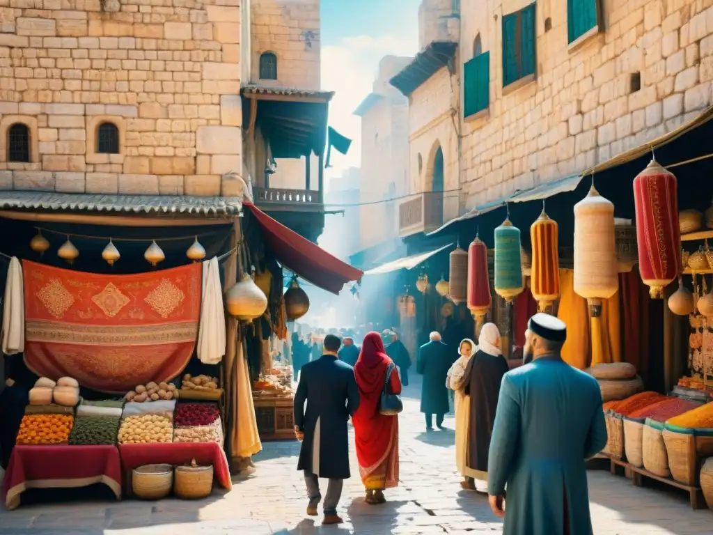 Un bullicioso mercado antiguo en Jerusalén, con detalles de diversidad cultural