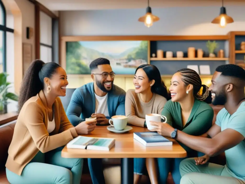 Un cálido café donde personas practican inglés con entusiasmo, rodeados de libros y café, reflejando el crecimiento en el speaking