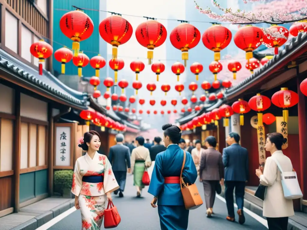 Una calle bulliciosa de Tokio con cerezos en flor y linternas rojas, reflejando la difusión del japonés y coreano