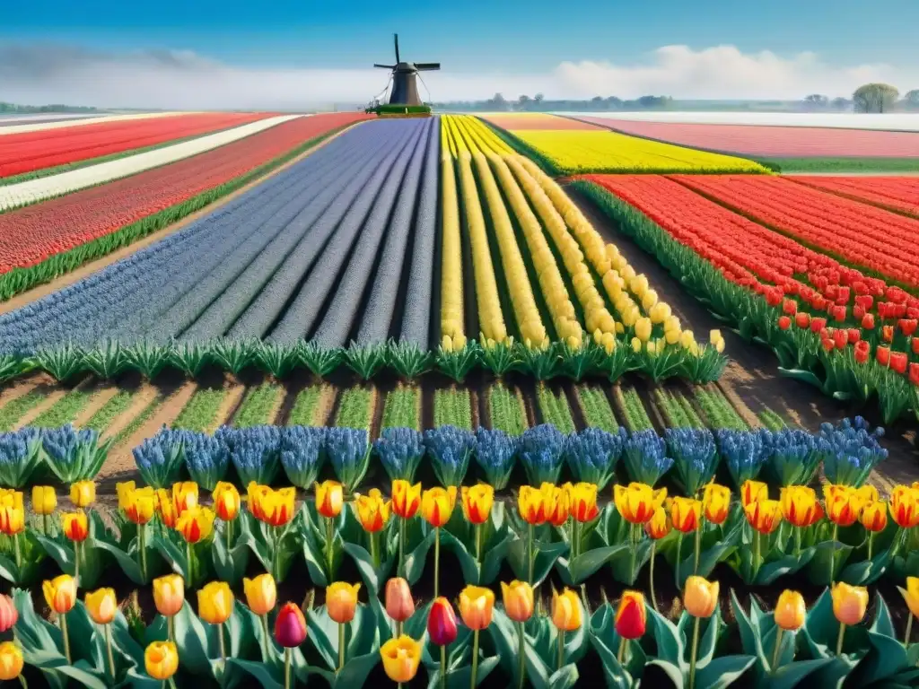 Un campo de tulipanes vibrante en Holanda, con detalles meticulosos y colores vivos bajo un cielo azul claro