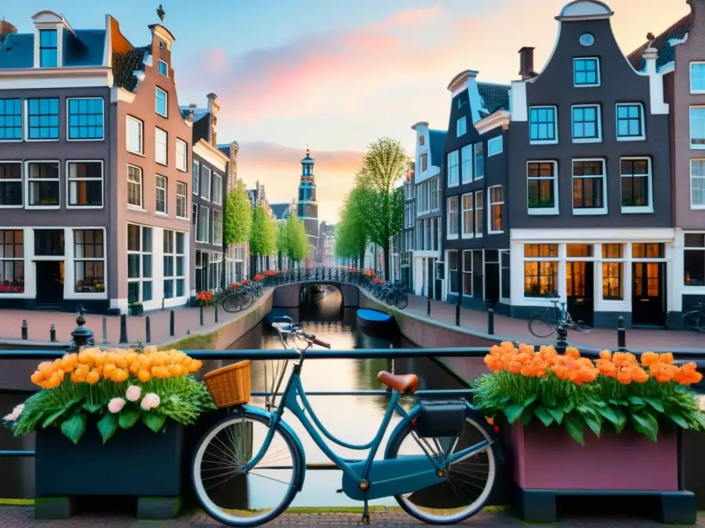 Un canal pintoresco en Ámsterdam con edificios holandeses, flores vibrantes y bicicletas, bajo el atardecer