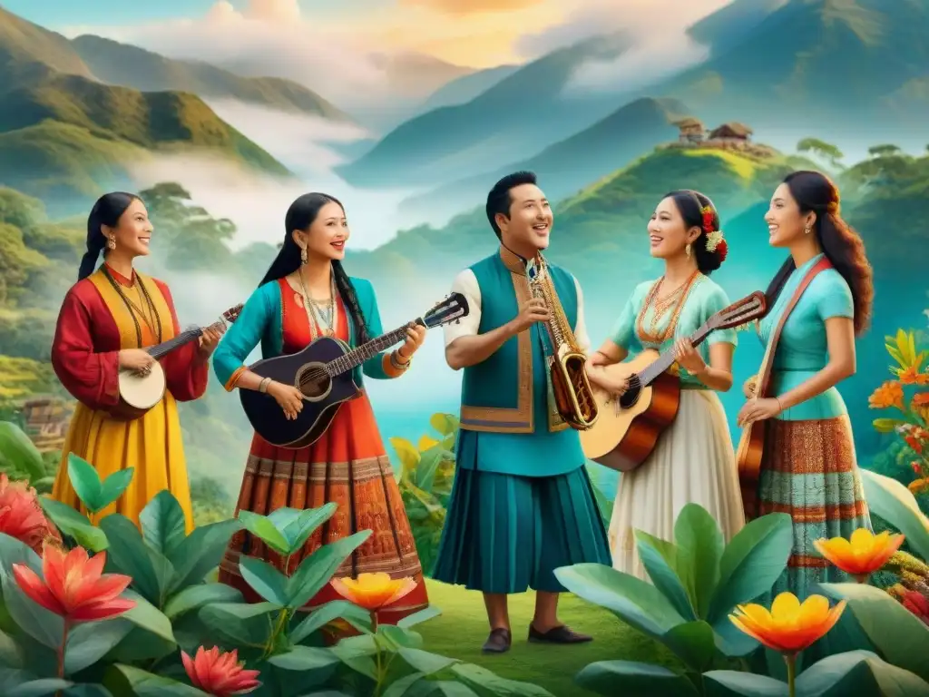 Un canto de unidad: personas de distintas culturas cantan en sus idiomas nativos, vistiendo trajes tradicionales rodeados de flora y fauna vibrantes