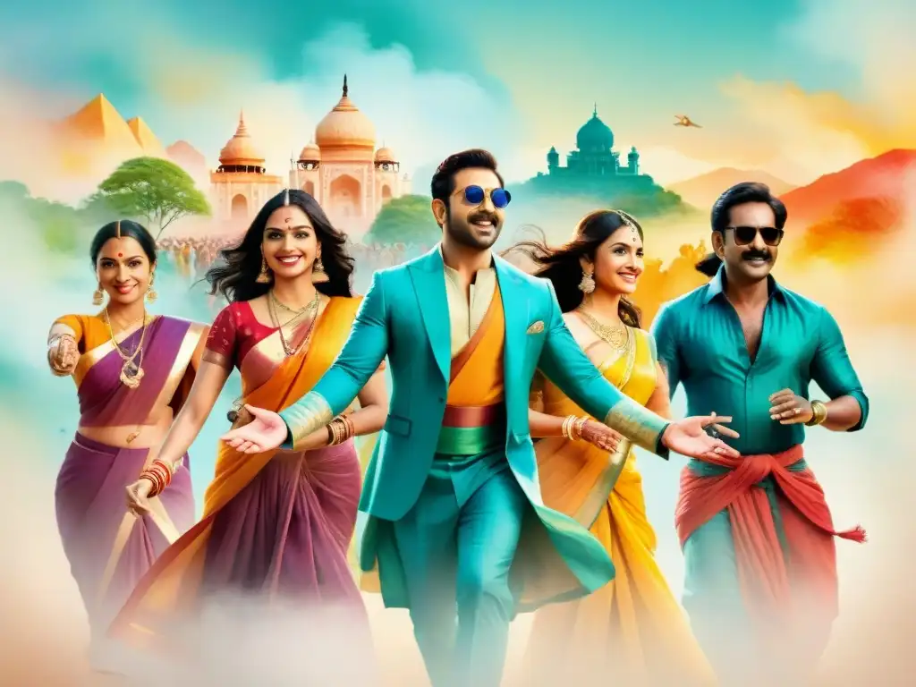 Baile festivo: personajes del cine indio unidos en diversidad Una celebración colorida de personajes de cine de la India en una danza festiva
