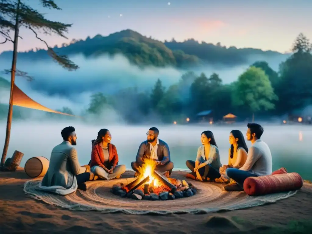 Celebración de lenguas y dialectos en un festivo encuentro multicultural alrededor de una fogata al atardecer en un bosque