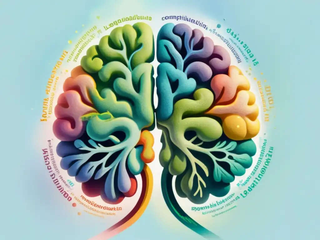 Un cerebro dividido en dos mitades: una activa con áreas lingüísticas vibrantes y la otra inactiva, simbolizando la adquisición efectiva de segundas lenguas