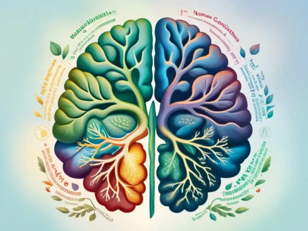 Maravillosa ilustración acuarela de un cerebro humano dividido en dos, mostrando beneficios bilingüismo cognición neurolingüística