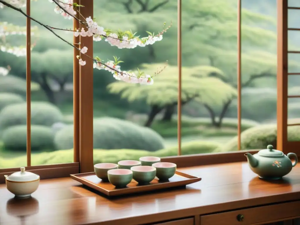 Ceremonia del té coreano: armonía y elegancia Una ceremonia del té coreana tradicional en un entorno elegante y sereno, destacando la importancia del lenguaje en la cultura japonesa