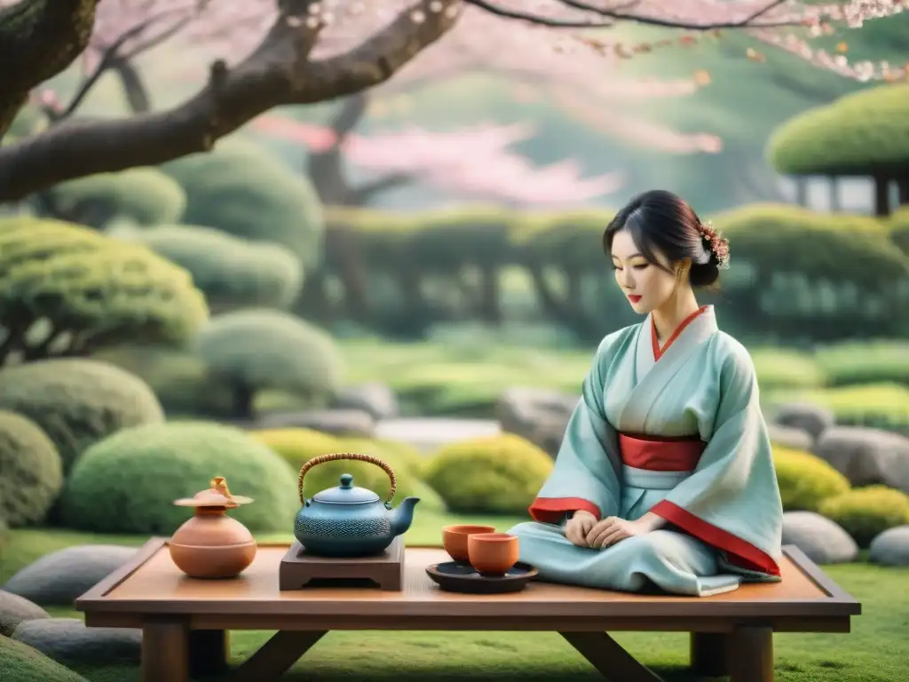 Una ceremonia del té japonesa tradicional en un jardín tranquilo con árboles de cerezo en flor