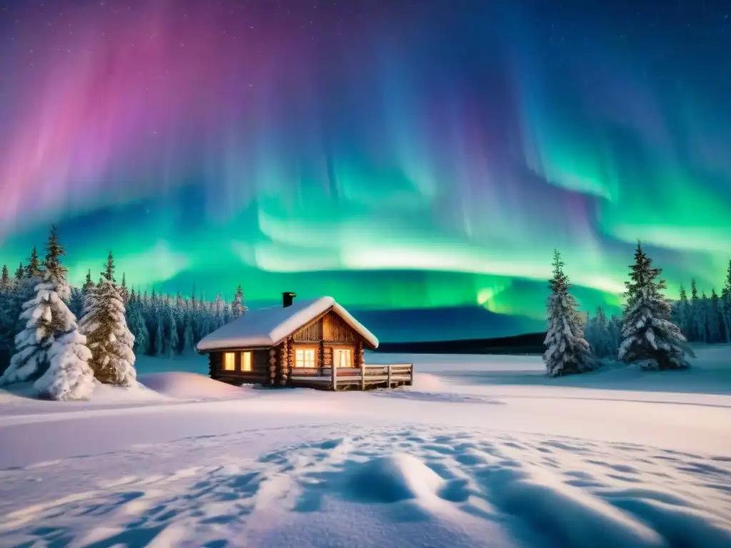 Aprende finlandés desde cero con esta ilustración detallada de un paisaje sereno finlandés bajo la mágica aurora boreal