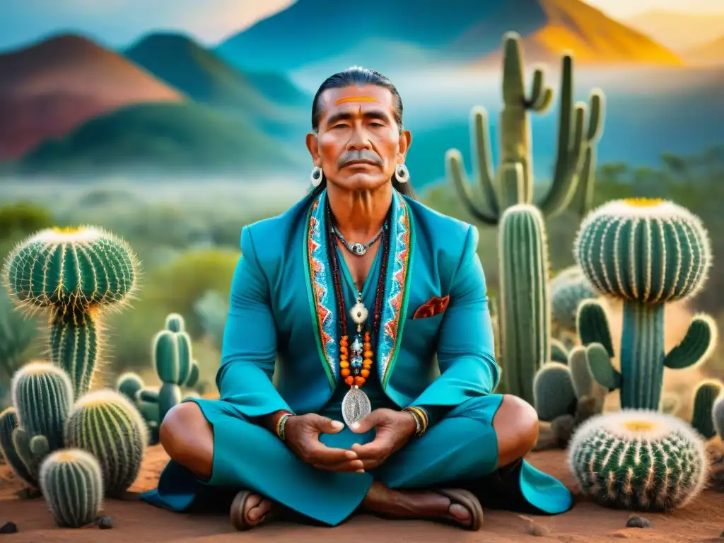 Un chamán Huichol meditando rodeado de cactus peyote, con símbolos y colores místicos