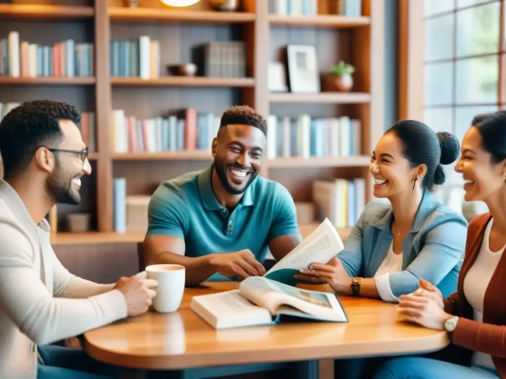 Un círculo animado de personas diversas conversando en un acogedor café con libros de gramática intuitiva en lenguas