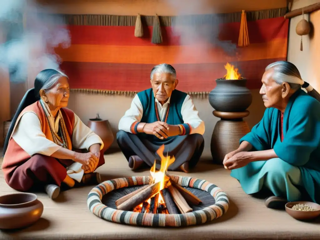 Un círculo de ancianos Tepehuán comparte historias alrededor del fuego, con tejidos y abalorios de fondo