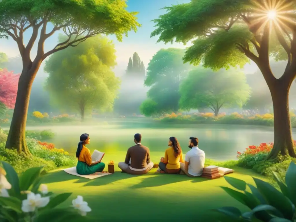 Un círculo de lectores de diversas culturas leyendo en sus idiomas nativos en un parque, unidos por la literatura en lenguas originales