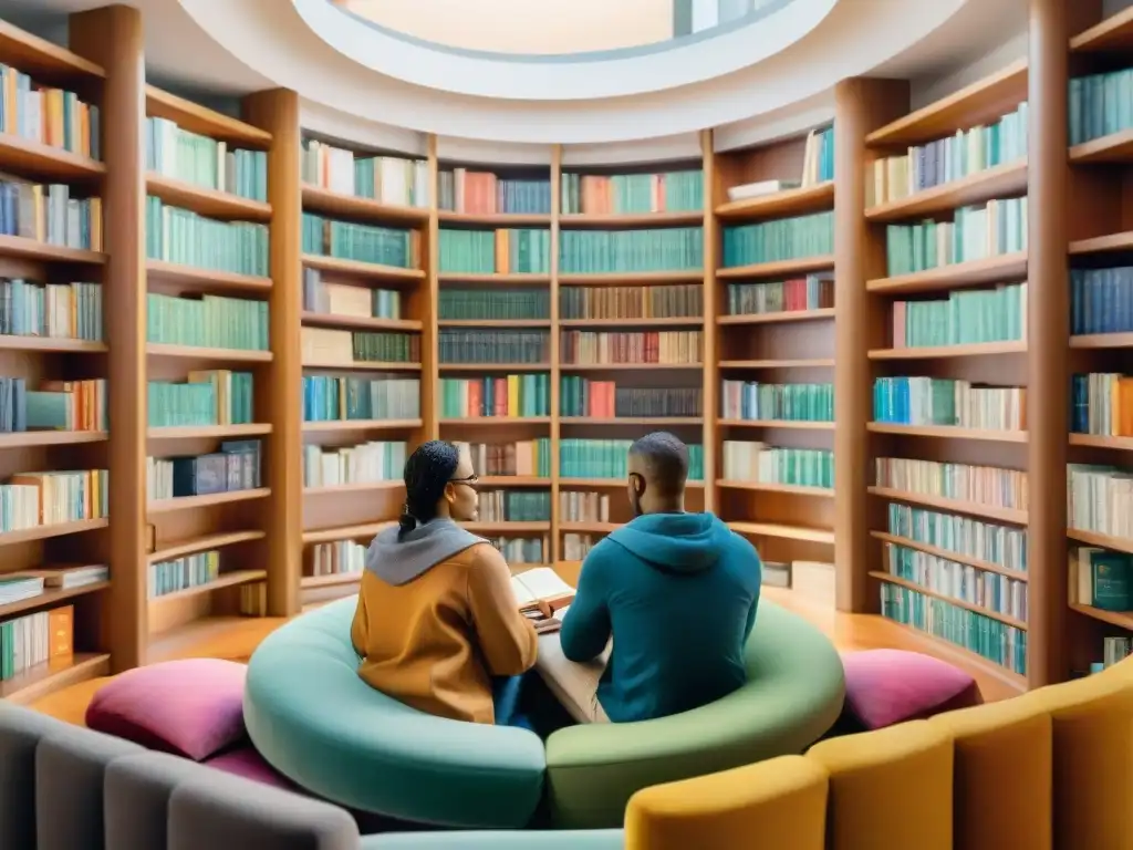 Un círculo de lectores de diversas culturas sosteniendo libros en diferentes idiomas en una biblioteca armoniosa