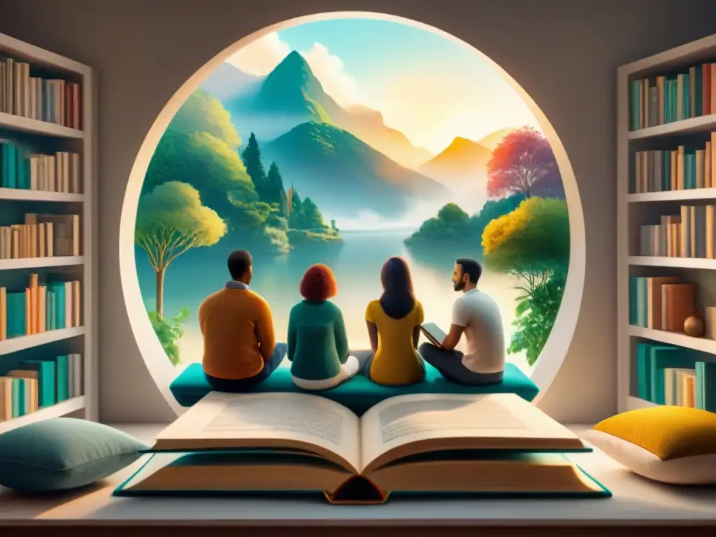 Magia literaria: Un círculo de diversidad y unión a través de los idiomas Un círculo de lectores de diversas edades y orígenes con libros abiertos, conectados por dialectos en literatura como puente