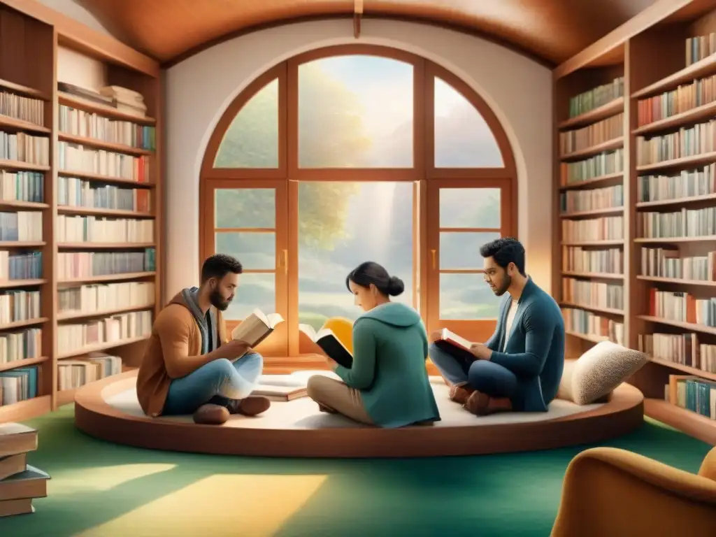 Un círculo de lectores inmersos en libros de diferentes lenguas en una acogedora biblioteca iluminada por el sol
