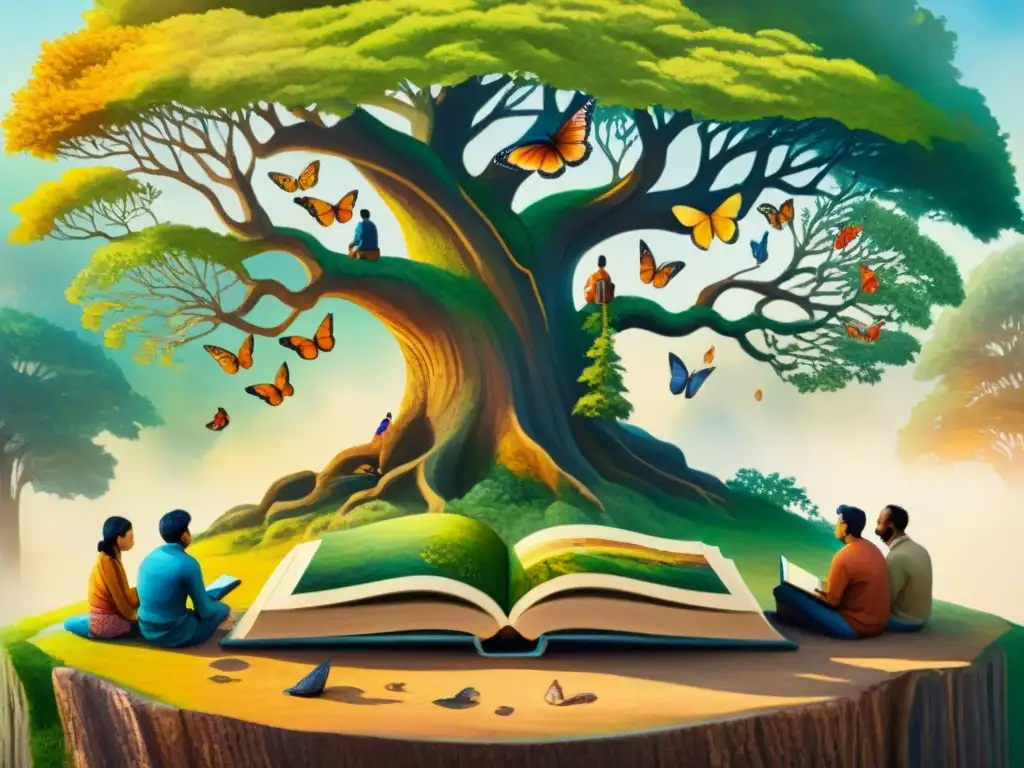 Un círculo de lectura bajo un árbol antiguo, cada persona con un libro único en diferentes idiomas