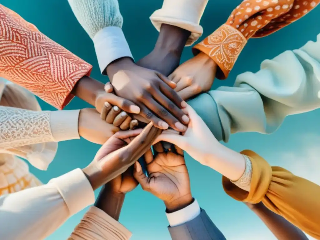 Unión multicultural: manos unidas en vibrante acuarela Un círculo de manos unidas en acuarela, representando culturas y lenguajes diversos en un mundo de globalización y diversidad lingüística amenazada