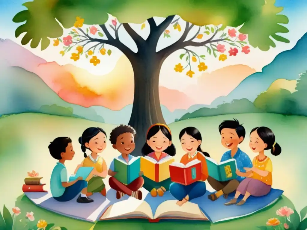 Un círculo de niños de diversas culturas bajo árbol florecido, cada uno con libro distinto, reflejando asombro y curiosidad