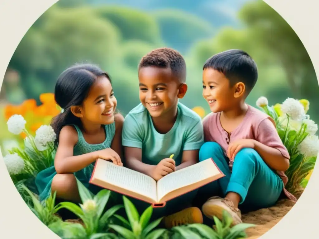 Un círculo de niños de diferentes culturas y lenguas, sonrientes y con libros, rodeados de naturaleza