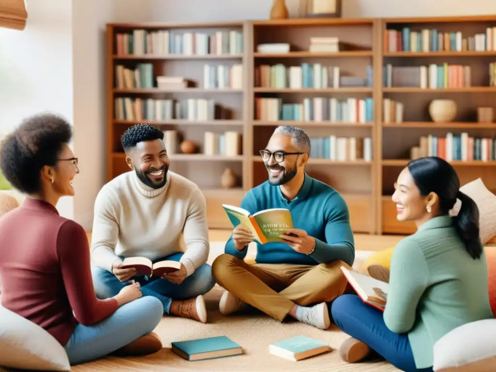 Un círculo de personas diversas de todas las edades y etnias conversando animadamente en casa, promoviendo la 'Revitalización lingüística desde casa'