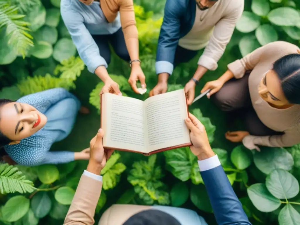 Un círculo de personas diversas leyendo libros en diferentes idiomas, en un entorno de unidad intercultural