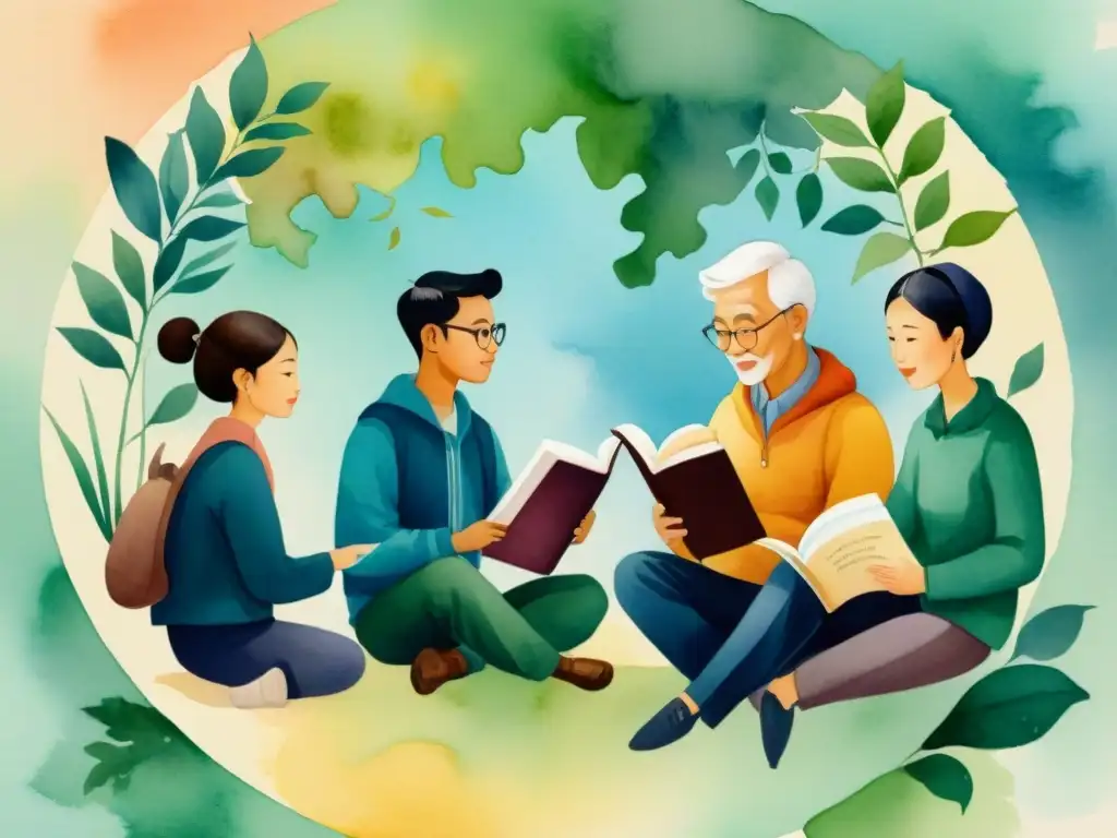 Vínculos intergeneracionales en la lectura Un círculo de personas de diferentes generaciones, unidas por dialectos en literatura como puente, escuchando una historia