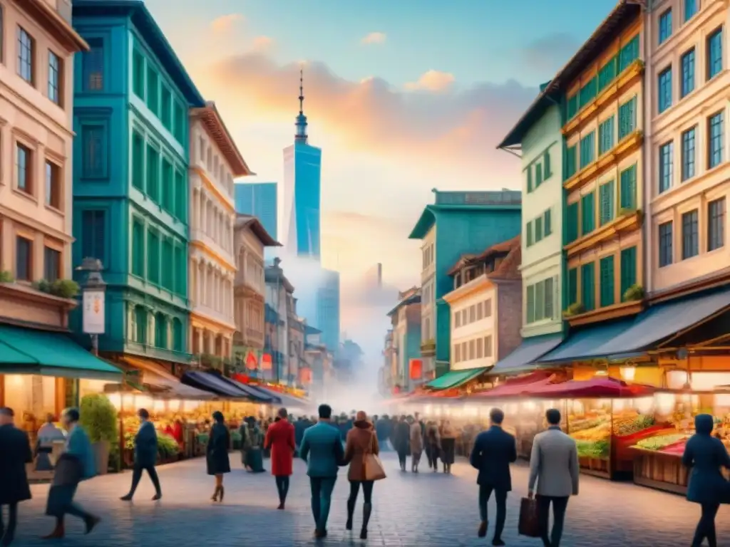 Cityscape multicultural con diversidad lingüística Una ciudad diversa y vibrante, con arquitectura tradicional y moderna de todo el mundo, gente de distintas etnias y lenguajes, simbolizando la globalización y diversidad lingüística amenazada