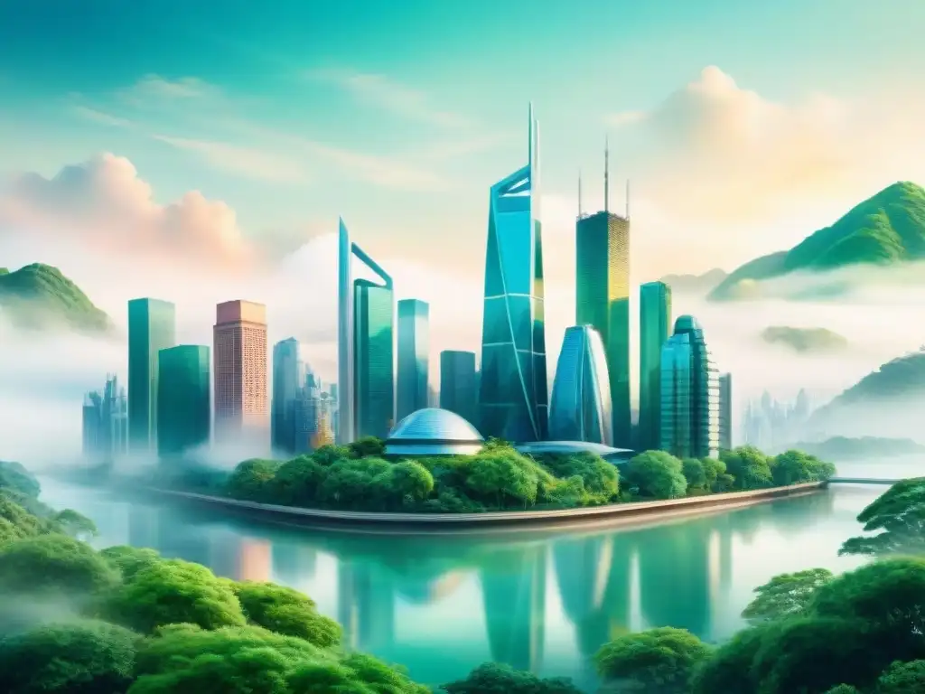 Una ciudad futurista fusionada con la naturaleza en una ilustración serena de acuarela, representando la fusión entre tecnología y ambiente