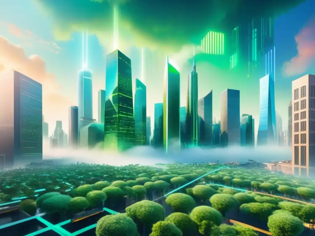 Una ciudad futurista donde el lenguaje de programación universal se fusiona con la naturaleza y la tecnología