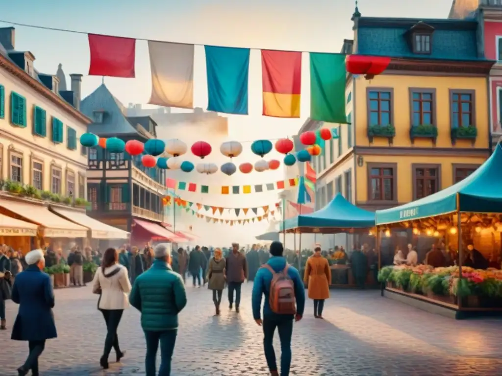 Transformación lingüística en ciudad histórica: gente diversa habla en distintos dialectos en plaza bulliciosa con banderas coloridas