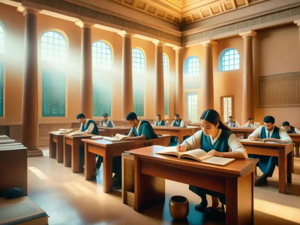 Clase griega antigua serena con alumnos estudiando glosas y léxicos en manuscritos, guiados por un sabio maestro