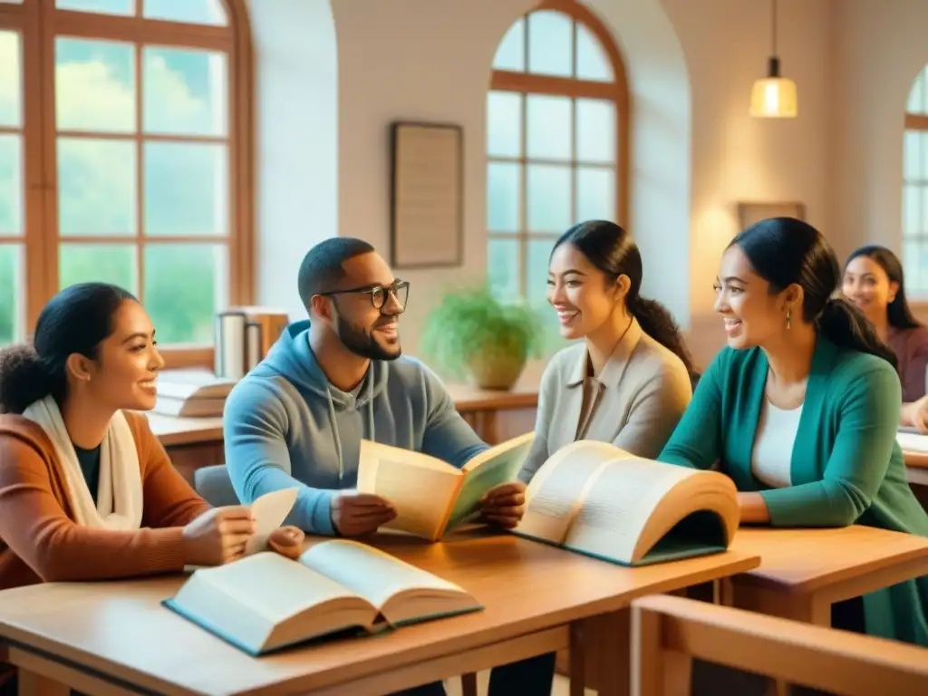 Una clase de latín vibrante y diversa, con estudiantes entusiastas y un profesor sabio