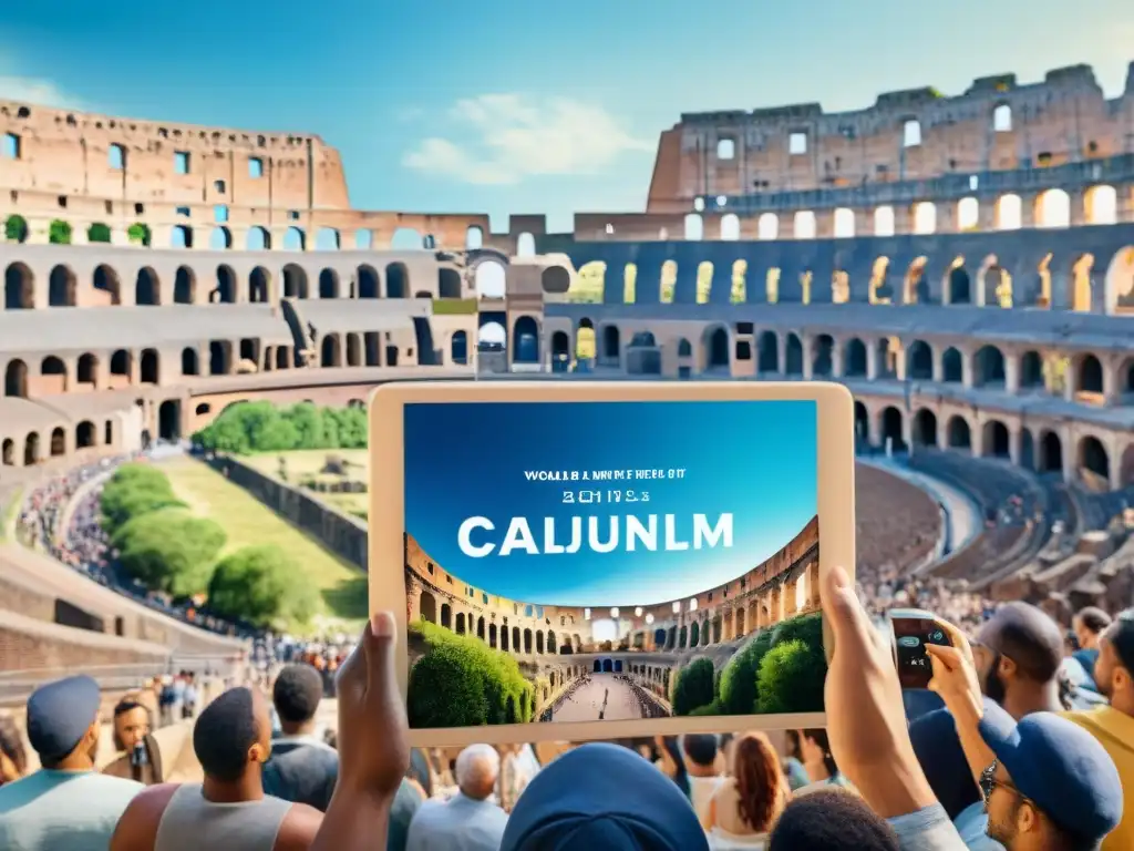 Un Coliseo Romano vibrante, rodeado de vegetación, bajo un cielo azul