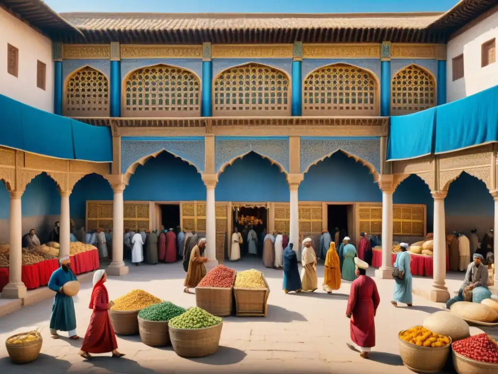 Los colores vibrantes y la bulliciosa escena de un mercado antiguo en Persia, con préstamos lingüísticos persas en lenguas romanas