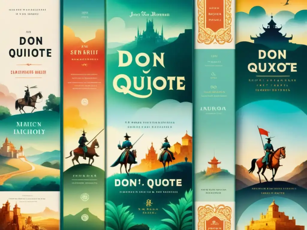 Una colorida adaptación de El Quijote en idiomas, con portadas vibrantes y detalladas que reflejan la diversidad cultural